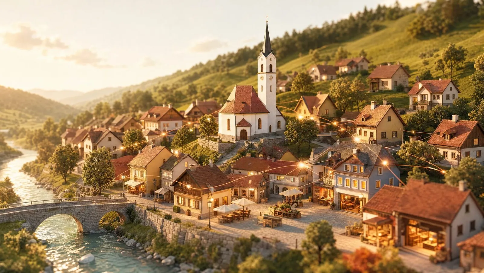 Eine kleine Alpenstadt zur goldenen Stunde, Häuser und Geschäfte mit Kupferfäden verbunden