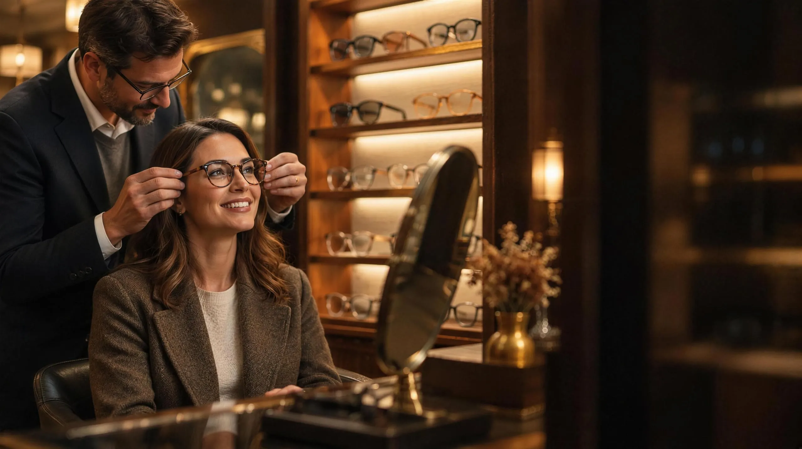 Eine Optikerin setzt einer Kundin eine neue Brille auf