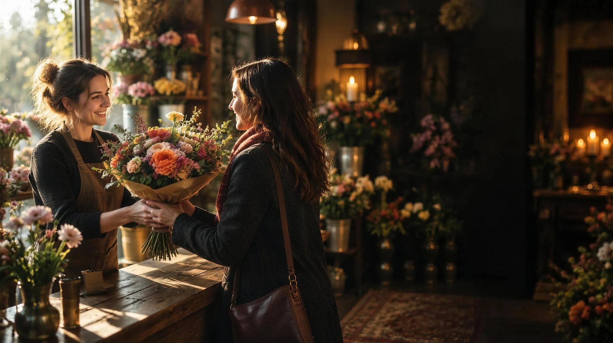 Eine Floristin reicht einer Kundin einen Blumenstrauß über die Theke