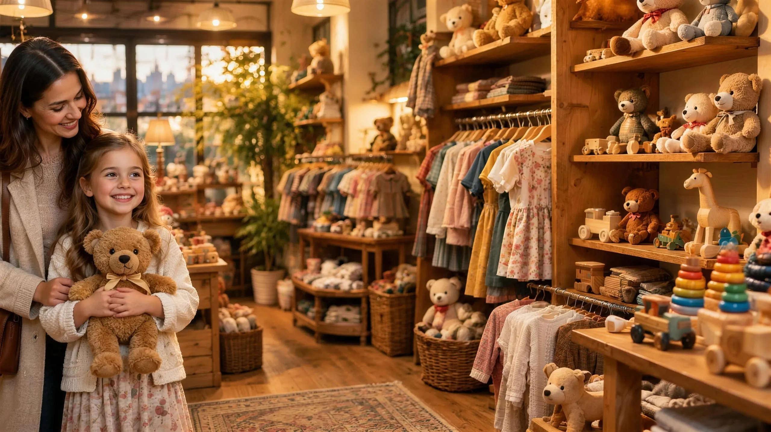 Ein Mädchen mit Teddybär und seine Mutter in einem Geschäft mit Spielsachen und Kinderkleidung